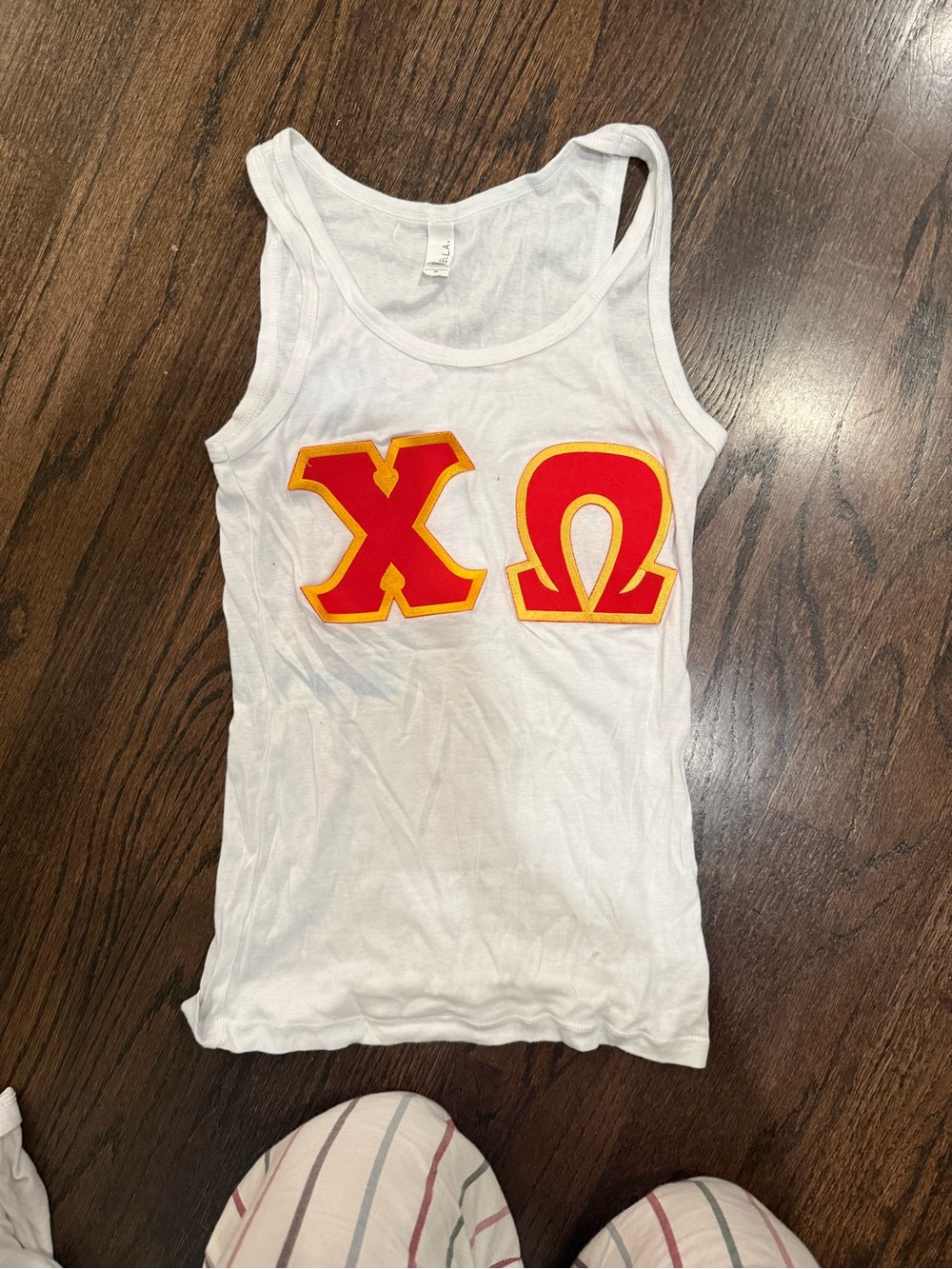 White Tank Top with Red & Gold Greek Letters Chi Omega